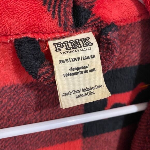 Victoria's Secret PINK Buffalo Check Fleece Robe Red Black Women's XS/S - Picture 4 of 6